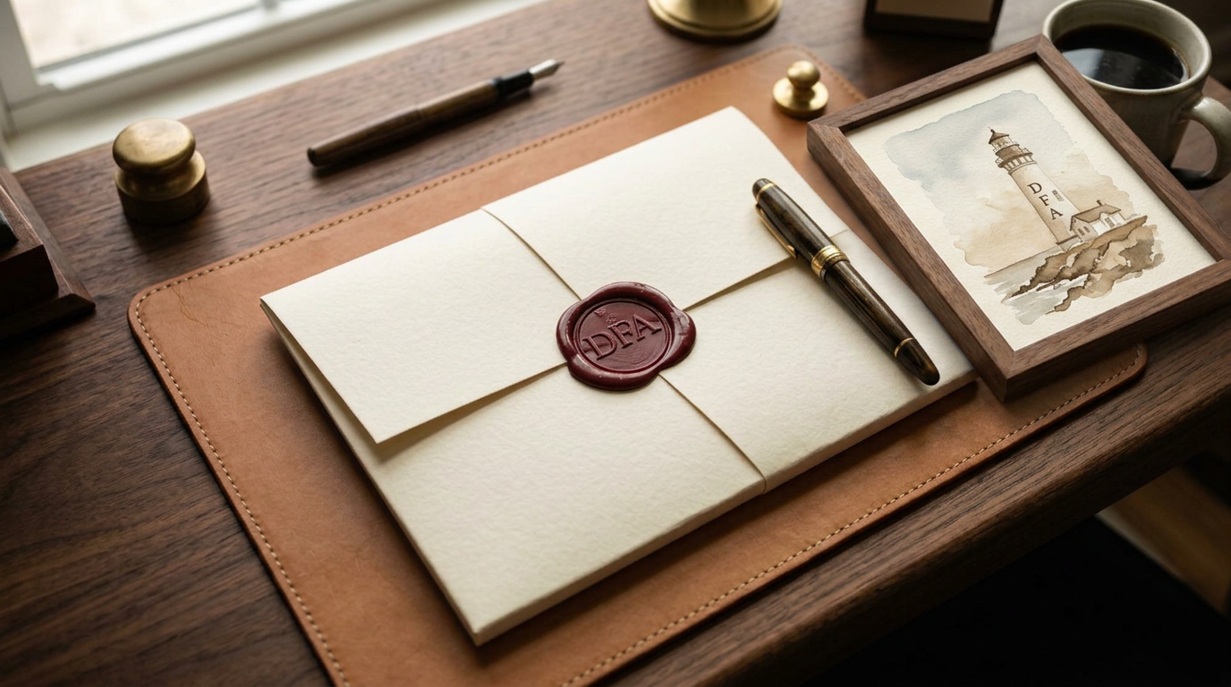 Cream envelope closed with a dark red DFA wax seal on a leather desk pad, beside a framed hand-painted watercolour of a lighthouse