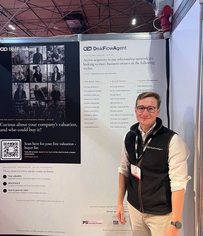 DealFlowAgent stand display at The Fire Safety Event 2026, Birmingham NEC