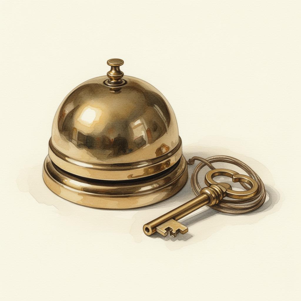 Watercolour illustration of a brass alarm bell and brass key representing Project Aegis