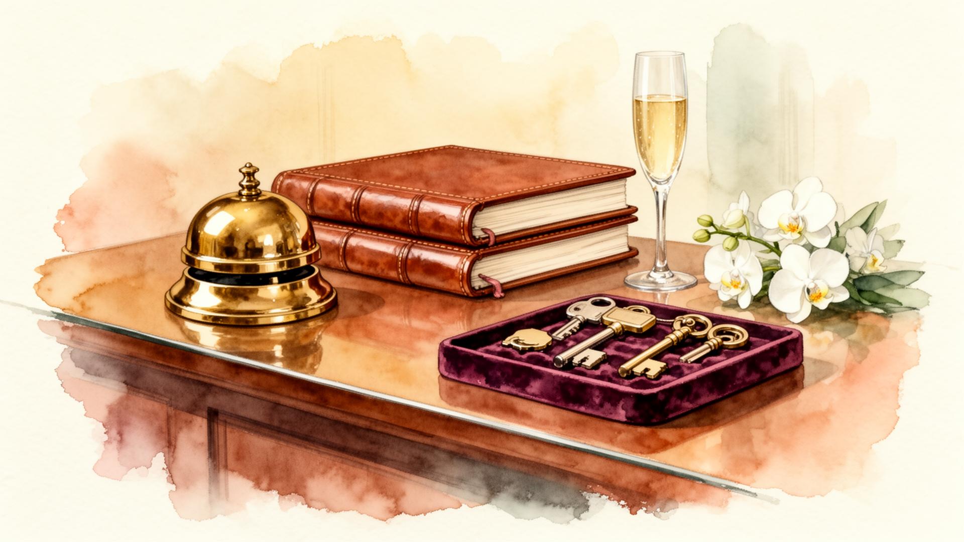 Watercolour illustration of a brass concierge bell on marble representing Project Apex