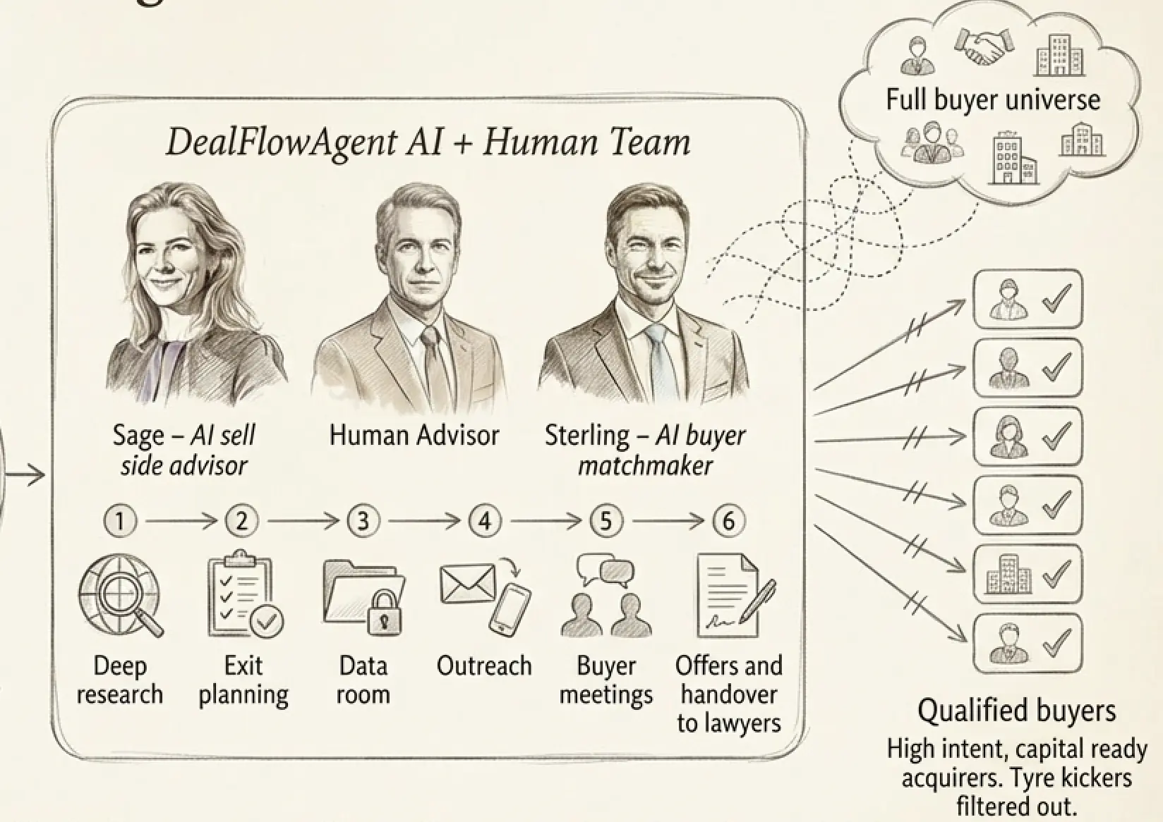 DealFlowAgent AI + Human Team - full-service M&A advisory process
