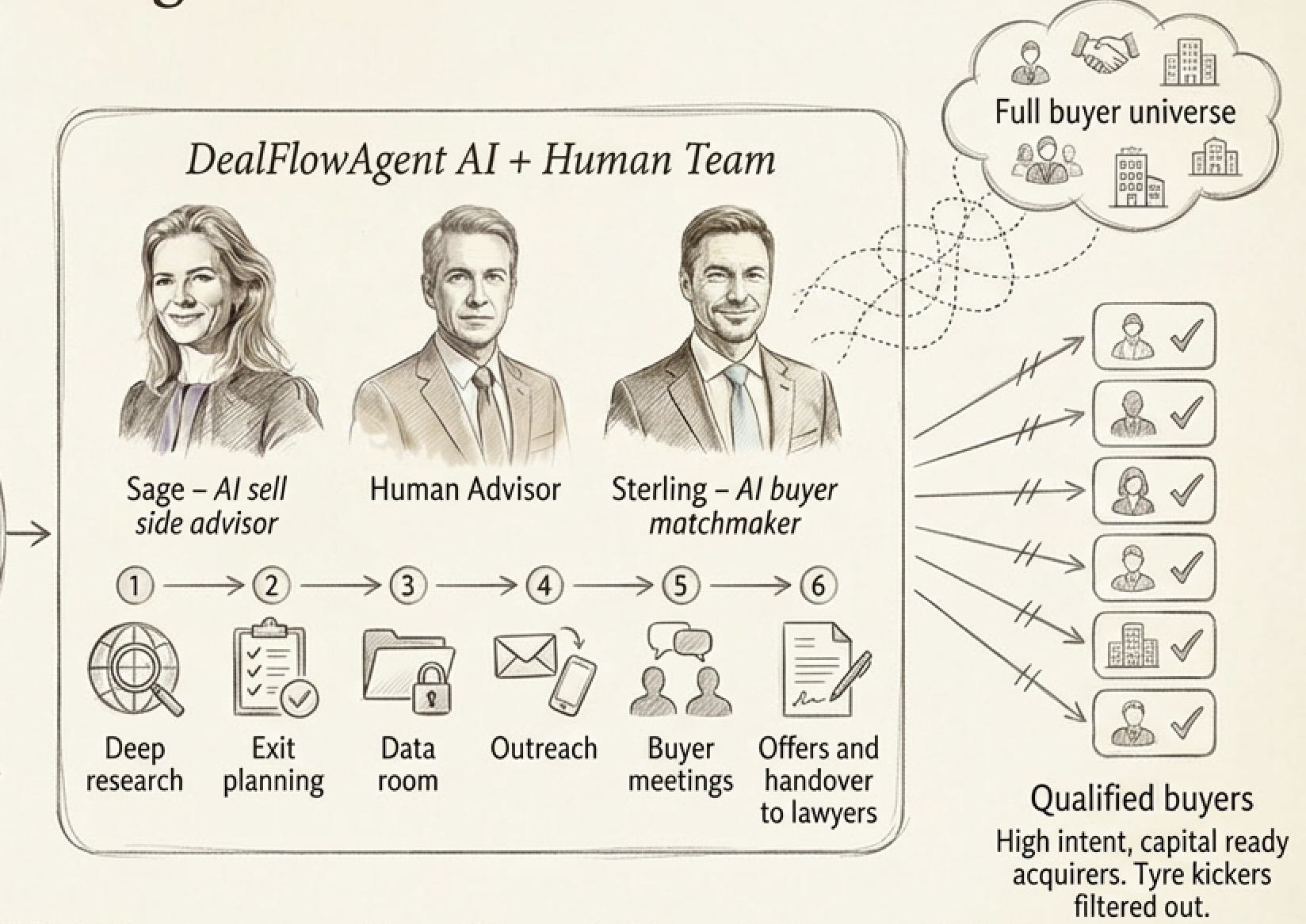 DealFlowAgent AI + Human Team - full-service M&A advisory process