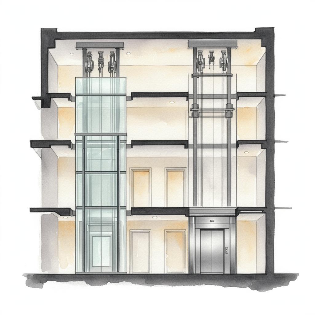Watercolour illustration of a glass passenger lift inside a building atrium