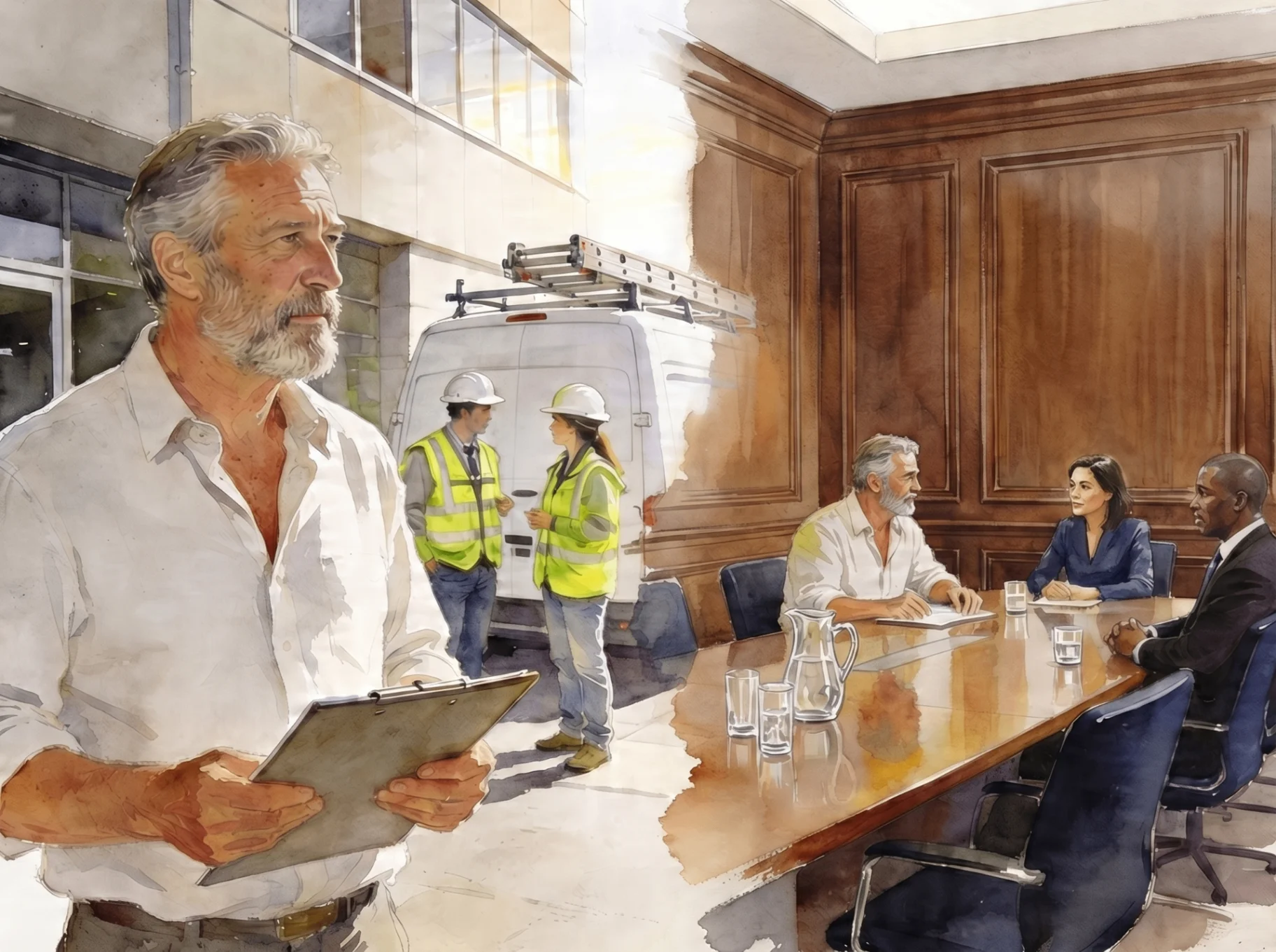 A building-services founder contemplating the next chapter — selling the company, with his team and a boardroom of advisors in view