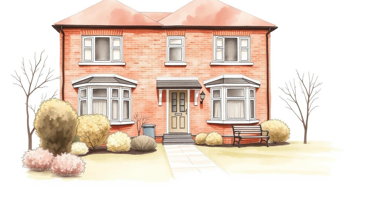 Watercolour illustration of a red brick residential care home exterior and garden for Project Aldgrove