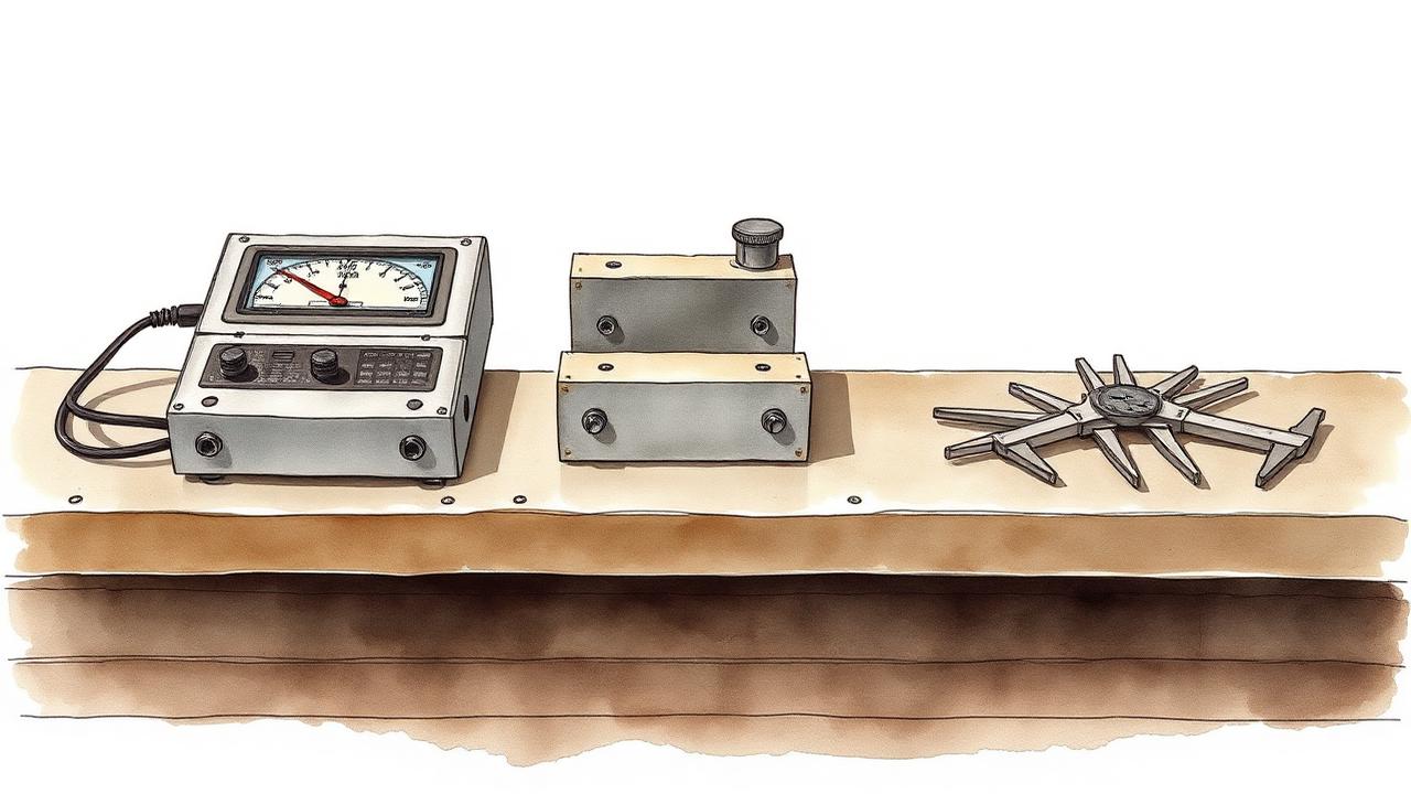 Watercolour technical illustration of ultrasonic testing equipment and calibration blocks for Project Anvil