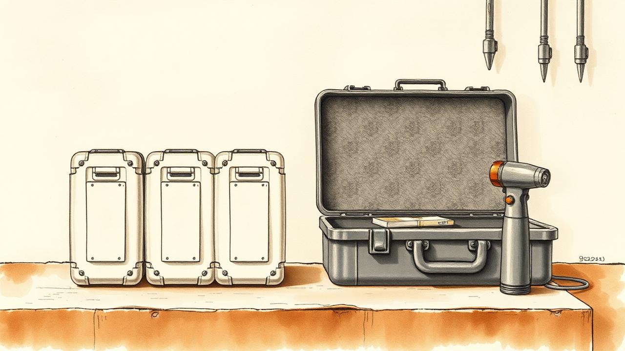 Watercolour still-life of commercial pest control bait stations and a service case for Project Aster