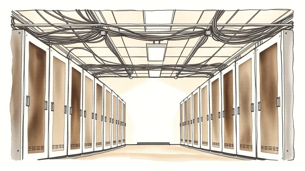 Watercolour study of a small data hall with rows of closed server cabinets for Project Beacon