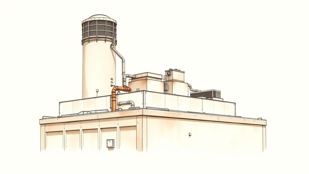 Watercolour illustration of a rooftop cooling tower and water plant on a commercial building for Project Cascade