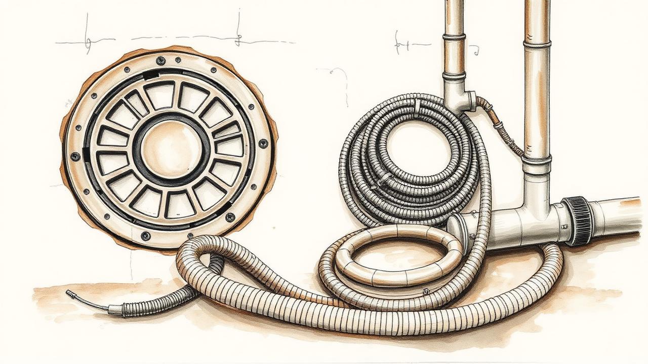 Watercolour technical illustration of a manhole cover, jetting hose and drainage survey equipment for Project Conduit