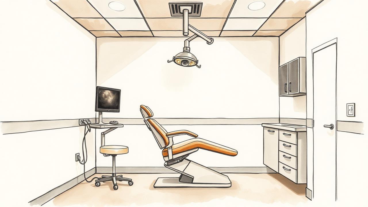 Watercolour interior study of an empty dental treatment room for Project Cypress