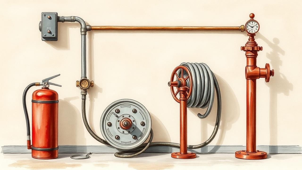 Watercolour still-life of fire protection equipment including an extinguisher, hose reel and standpipe for Project Ember