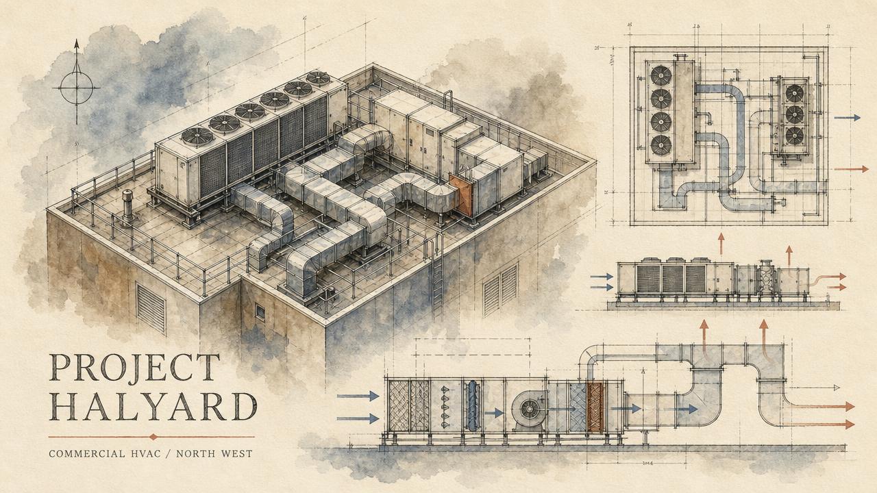 Watercolour technical illustration of commercial rooftop HVAC plant and ductwork for Project Halyard