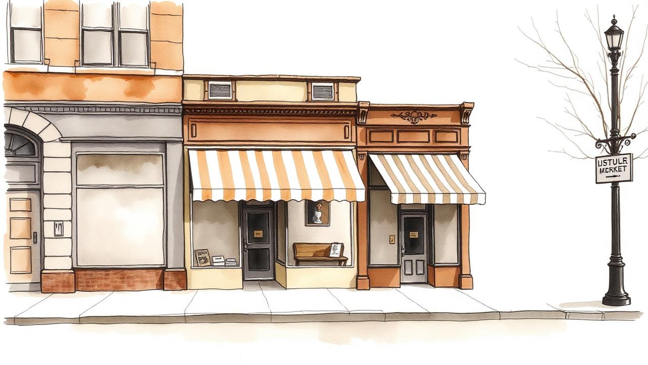Watercolour architectural study of a row of American main street storefronts for Project Junction