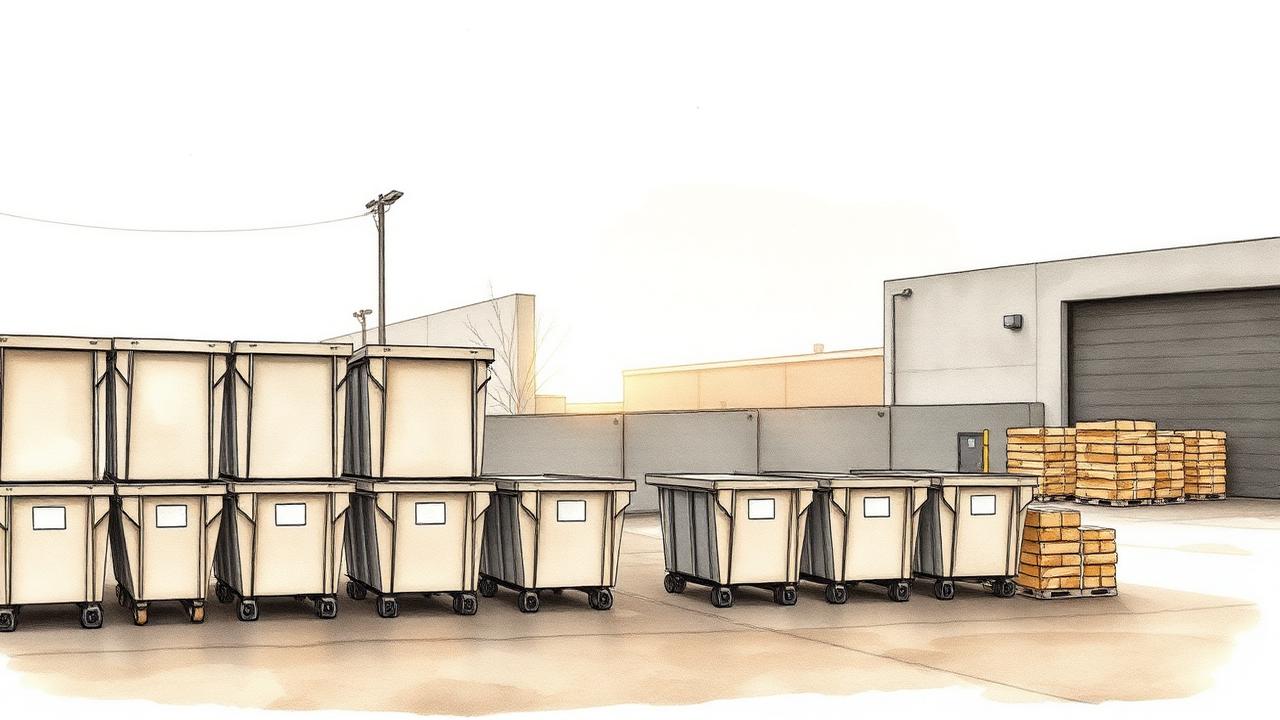 Watercolour illustration of an empty commercial waste and recycling transfer yard for Project Kestrel