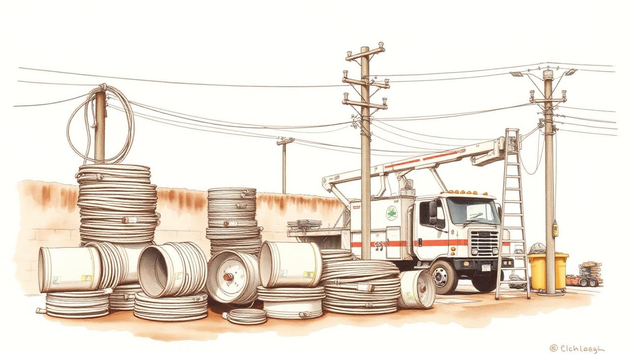 Watercolour illustration of a commercial electrical contractor yard with cable drums and a bucket truck for Project Lantern