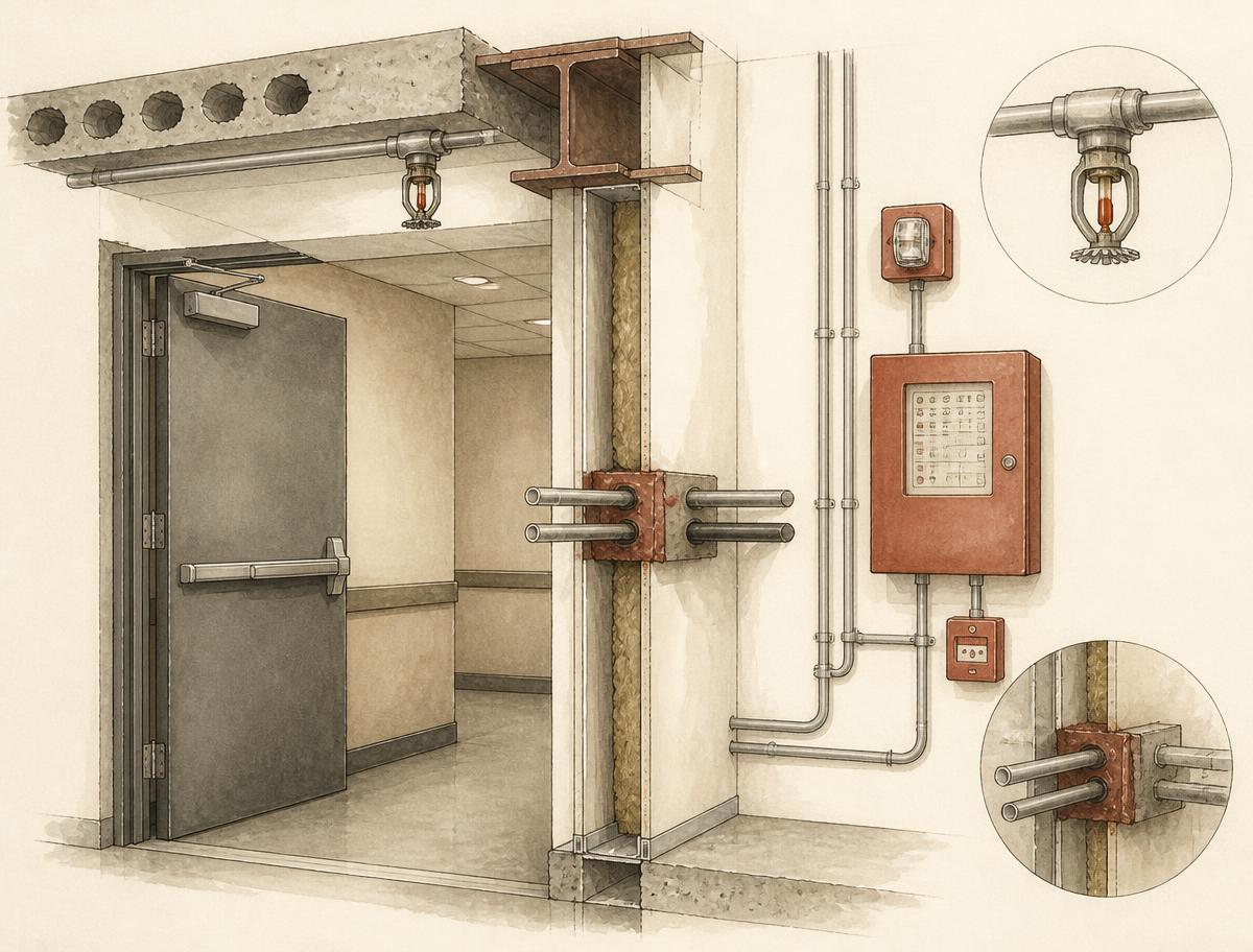 Watercolour technical illustration of a fire door, sprinkler head, fire stopping detail and alarm panel for Project Marlowe