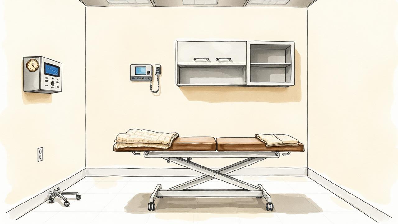 Watercolour interior study of an empty veterinary examination room for Project Redwood