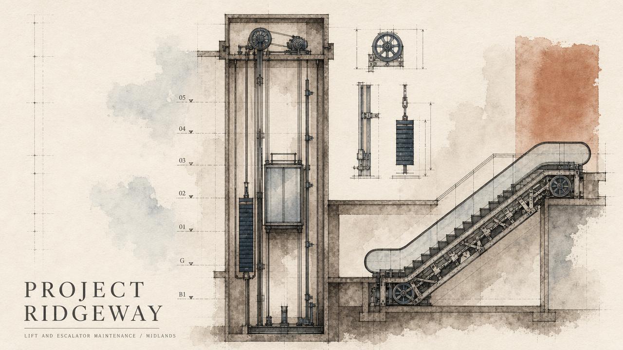 Watercolour cross-section illustration of a lift shaft and escalator for Project Ridgeway