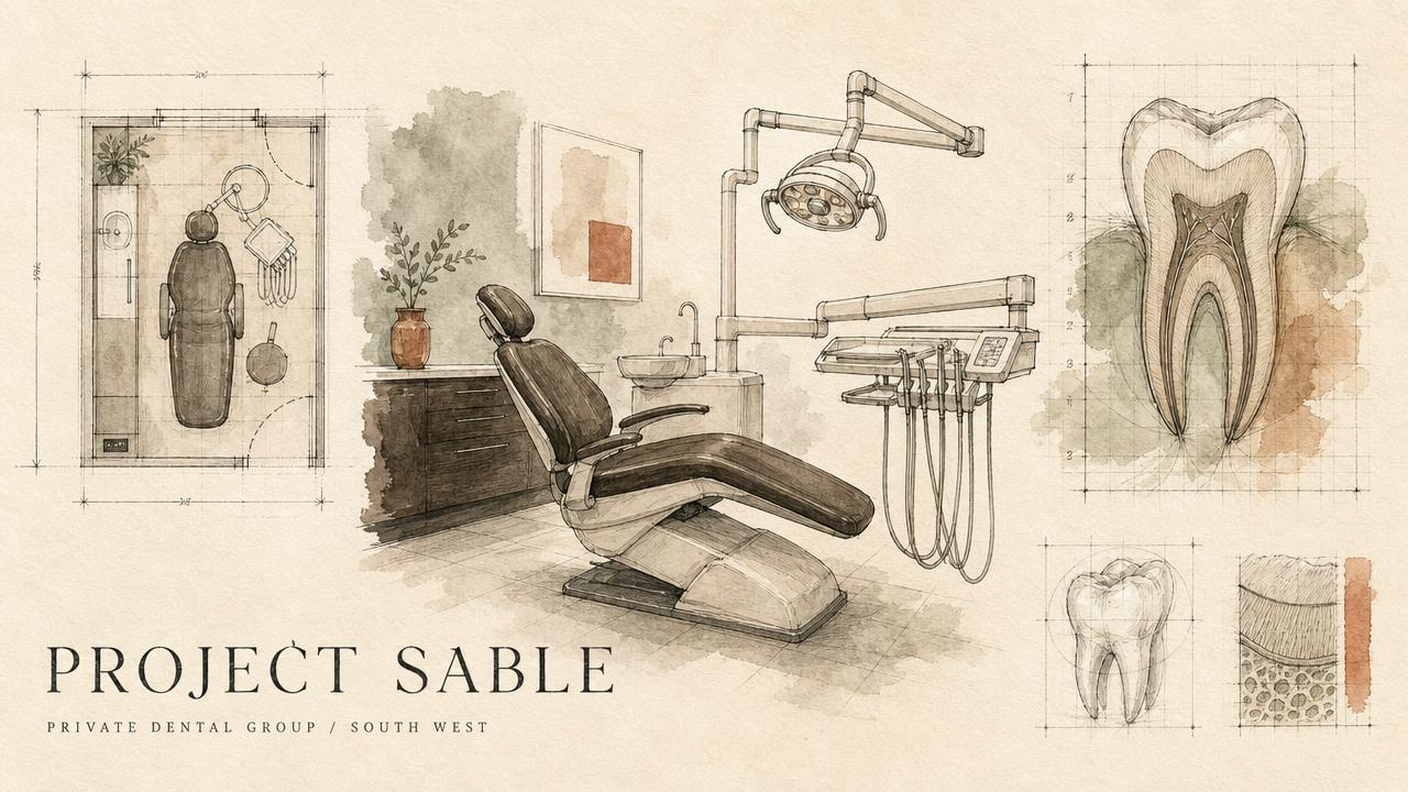 Watercolour illustration of a dental surgery treatment room and tooth study for Project Sable