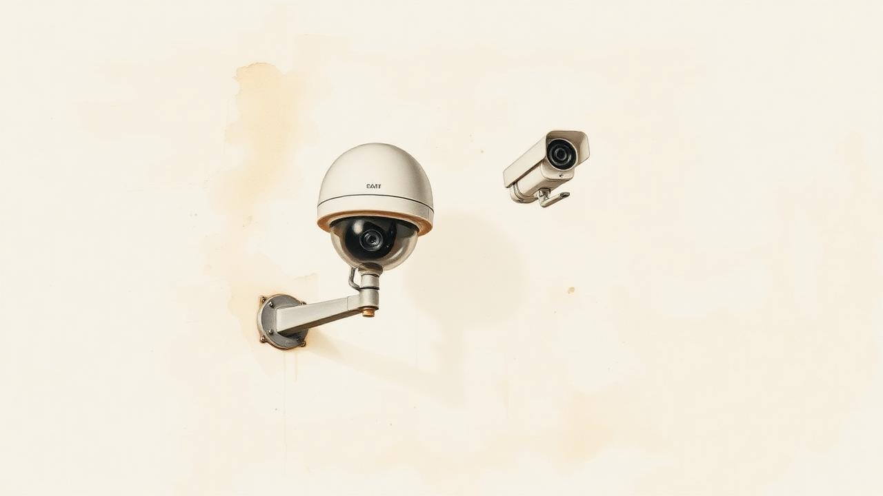 Watercolour still-life of a dome camera and bullet camera mounted on a plain wall for Project Sentinel