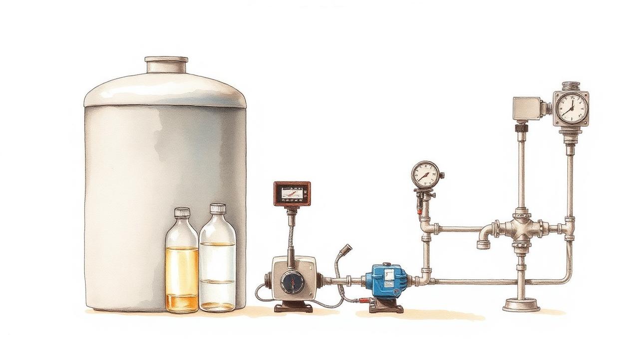 Watercolour technical illustration of a cold water storage tank, dosing equipment and sample bottles for Project Wrenfield