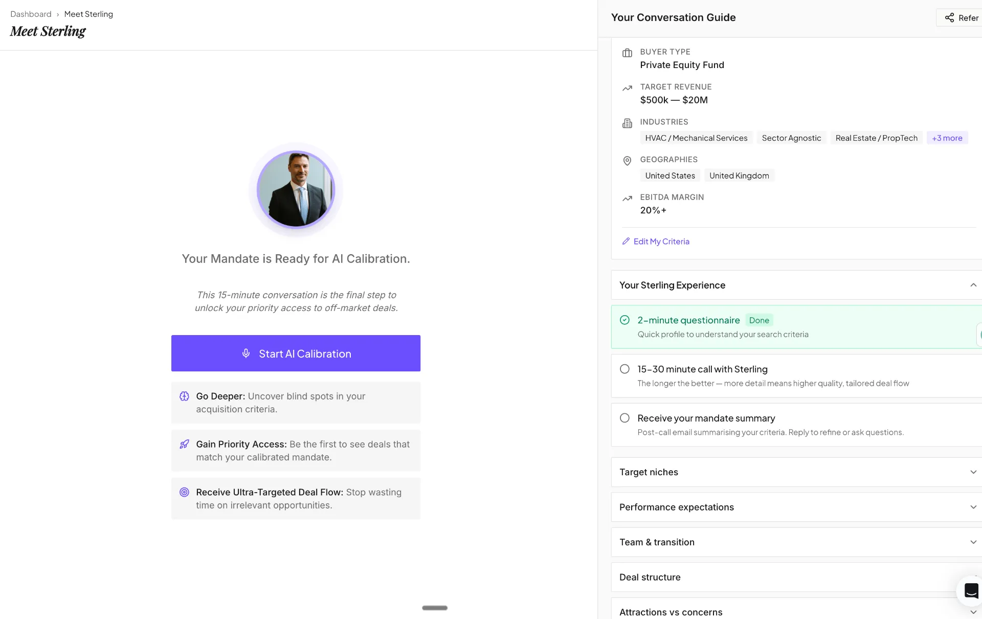 Sterling AI calibration interface showing buyer mandate, conversation guide, and deal criteria