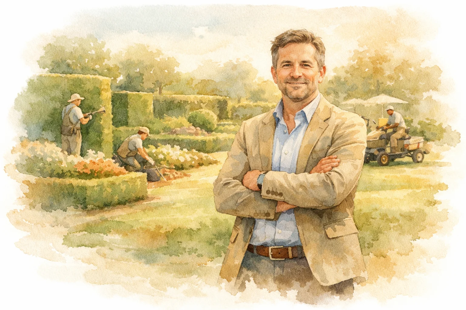 Landscaping business owner standing confidently in a well-maintained commercial garden