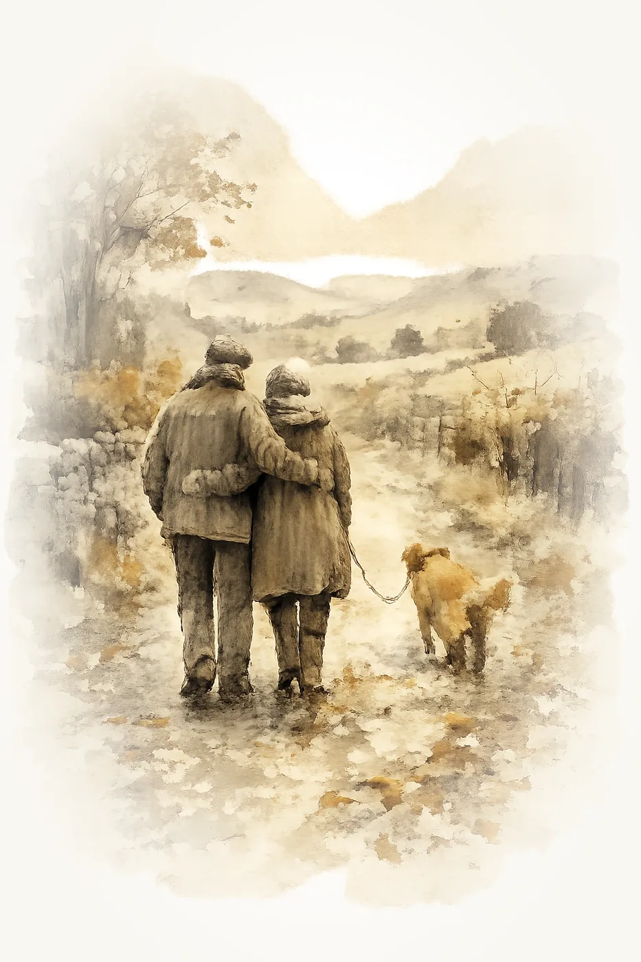 Couple walking away with their dog along a countryside path