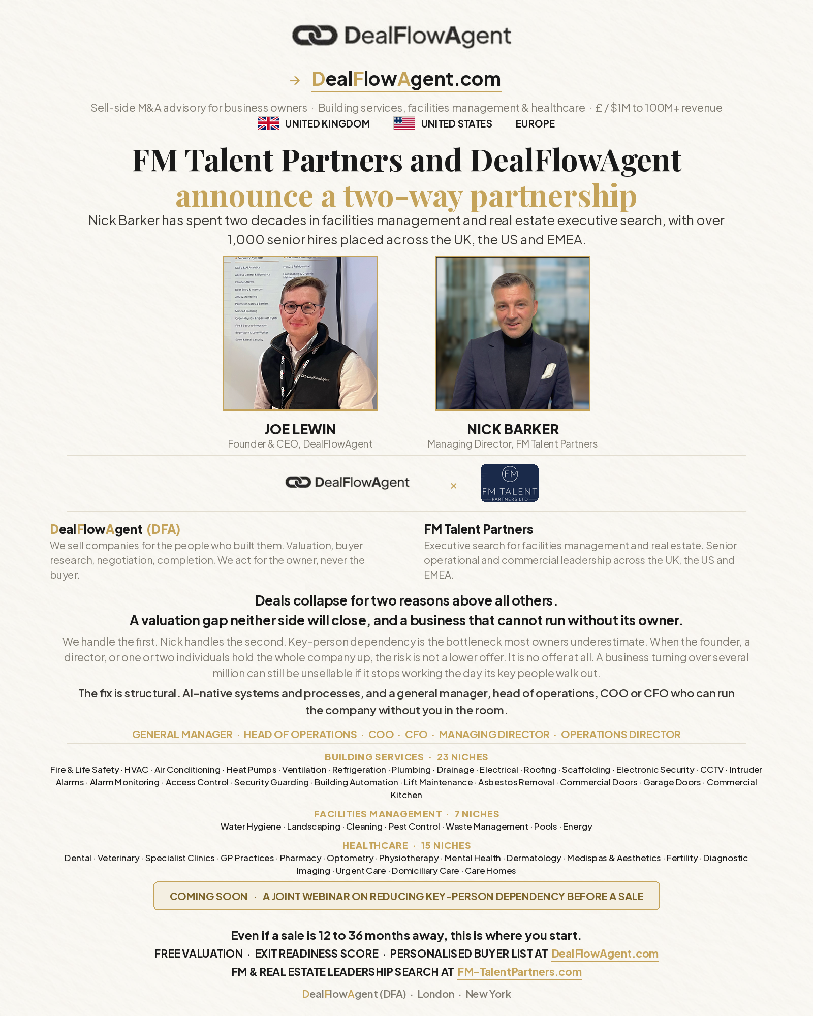 DealFlowAgent and FM Talent Partners partnership announcement showing Joe Lewin and Nick Barker with building services, facilities management and healthcare sector coverage