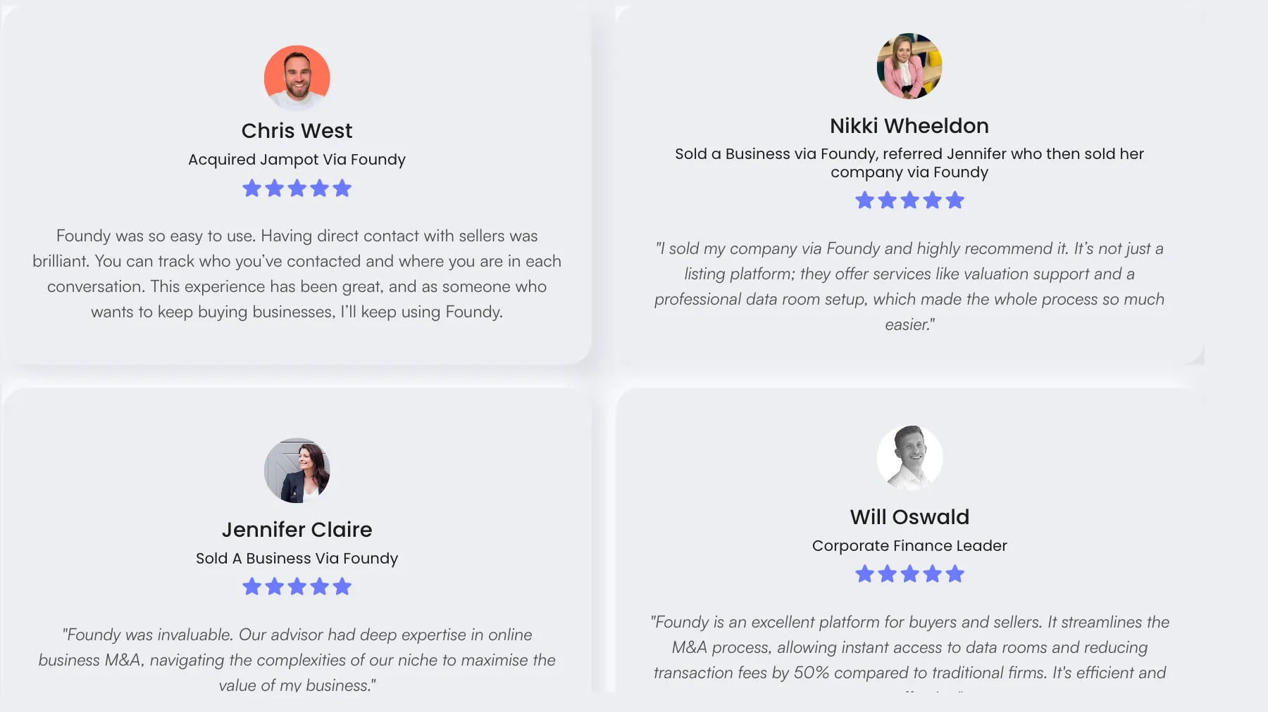 Client testimonials from Chris West, Nikki Wheeldon, Jennifer Claire, and Will Oswald